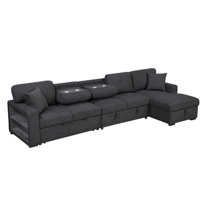 Pompano Sectional with Right Chaise, Pull-out Bed, Hidden Storages and Shelves, Charging Ports (9630BK*32LRC)