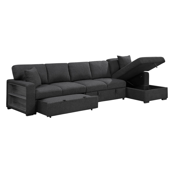 Pompano Sectional with Right Chaise, Pull-out Bed, Hidden Storages and Shelves, Charging Ports (9630BK*32LRC)