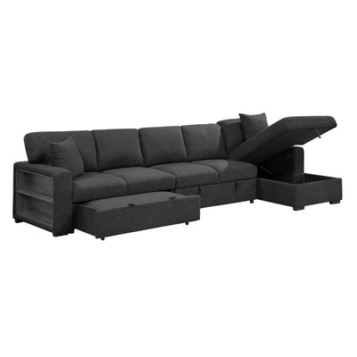 Pompano Sectional with Right Chaise, Pull-out Bed, Hidden Storages and Shelves, Charging Ports (9630BK*32LRC)