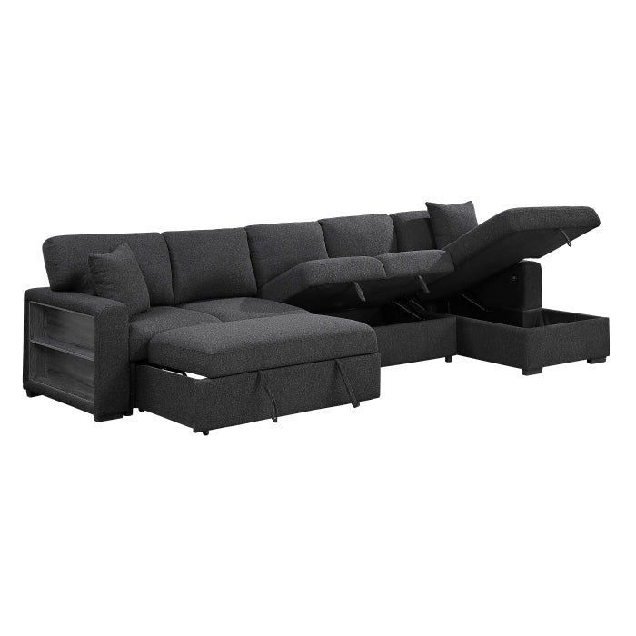 Pompano Sectional with Right Chaise, Pull-out Bed, Hidden Storages and Shelves, Charging Ports (9630BK*32LRC)