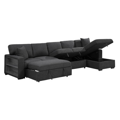 Pompano Sectional with Right Chaise, Pull-out Bed, Hidden Storages and Shelves, Charging Ports (9630BK*32LRC)