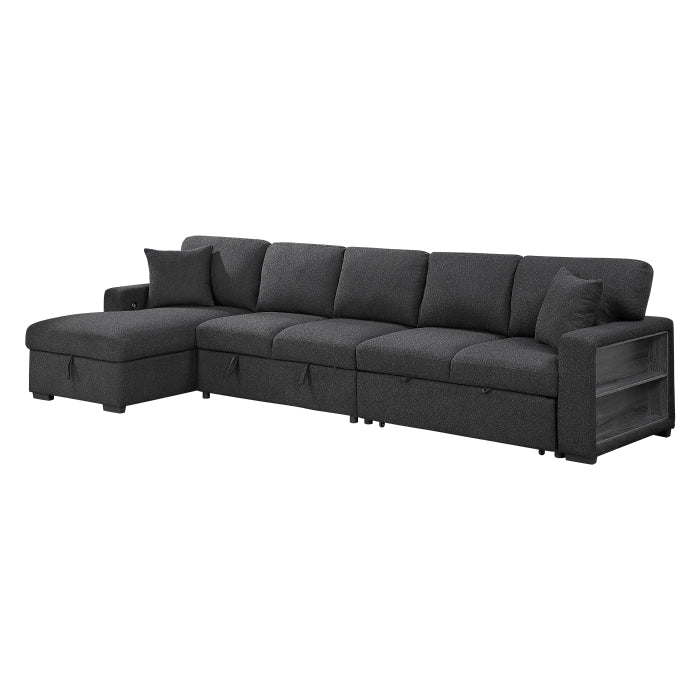 Pompano Sectional with Left Chaise, Pull-out Bed, Hidden Storages and Shelves, Charging Ports (9630BK*3LC2R)