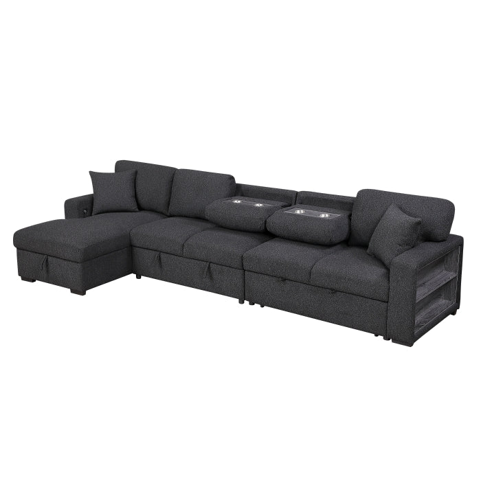 Pompano Sectional with Left Chaise, Pull-out Bed, Hidden Storages and Shelves, Charging Ports (9630BK*3LC2R)