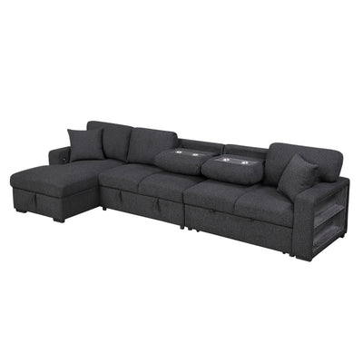 Pompano Sectional with Left Chaise, Pull-out Bed, Hidden Storages and Shelves, Charging Ports (9630BK*3LC2R)