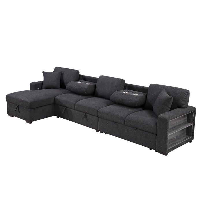 Pompano Sectional with Left Chaise, Pull-out Bed, Hidden Storages and Shelves, Charging Ports (9630BK*3LC2R)