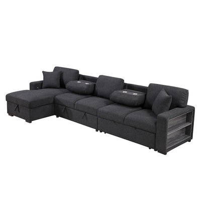 Pompano Sectional with Left Chaise, Pull-out Bed, Hidden Storages and Shelves, Charging Ports (9630BK*3LC2R)