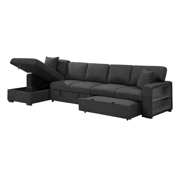 Pompano Sectional with Left Chaise, Pull-out Bed, Hidden Storages and Shelves, Charging Ports (9630BK*3LC2R)