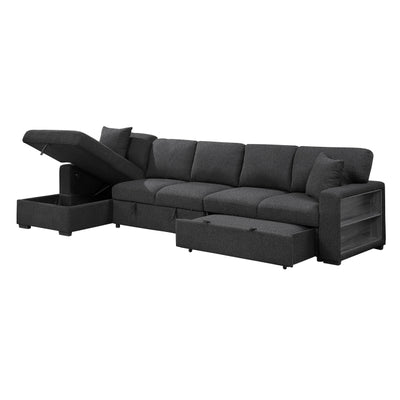 Pompano Sectional with Left Chaise, Pull-out Bed, Hidden Storages and Shelves, Charging Ports (9630BK*3LC2R)