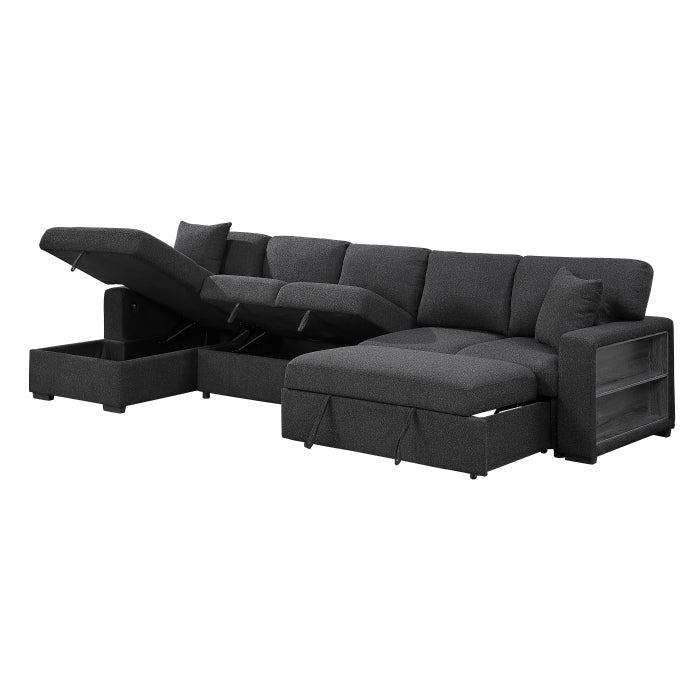 Pompano Sectional with Left Chaise, Pull-out Bed, Hidden Storages and Shelves, Charging Ports (9630BK*3LC2R)