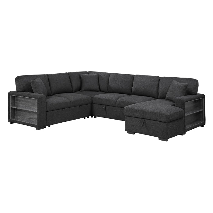 Pompano Sectional with Right Chaise, Pull-out Bed, Hidden Storages and Shelves, Charging Ports (9630BK*42LRC)