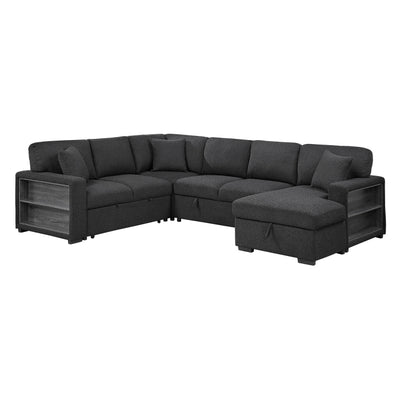 Pompano Sectional with Right Chaise, Pull-out Bed, Hidden Storages and Shelves, Charging Ports (9630BK*42LRC)