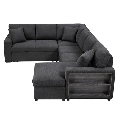 Pompano Sectional with Right Chaise, Pull-out Bed, Hidden Storages and Shelves, Charging Ports (9630BK*42LRC)