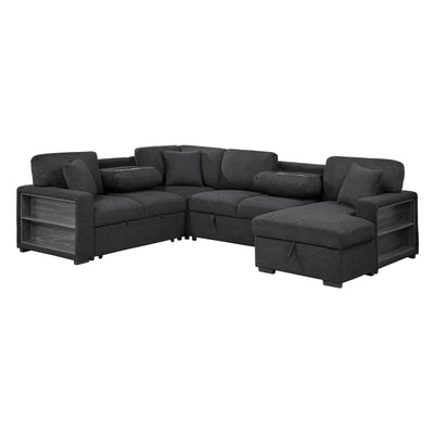 Pompano Sectional with Right Chaise, Pull-out Bed, Hidden Storages and Shelves, Charging Ports (9630BK*42LRC)