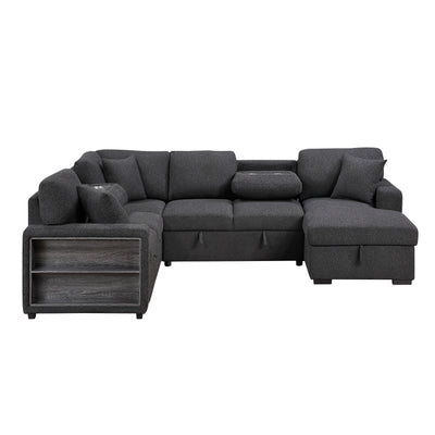 Pompano Sectional with Right Chaise, Pull-out Bed, Hidden Storages and Shelves, Charging Ports (9630BK*42LRC)