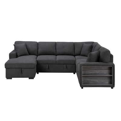 Pompano Sectional with Left Chaise, Pull-out Bed, Hidden Storages and Shelves, Charging Ports (9630BK*4LC2R)
