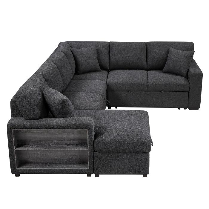 Pompano Sectional with Left Chaise, Pull-out Bed, Hidden Storages and Shelves, Charging Ports (9630BK*4LC2R)