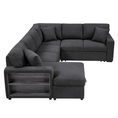 Pompano Sectional with Left Chaise, Pull-out Bed, Hidden Storages and Shelves, Charging Ports (9630BK*4LC2R)