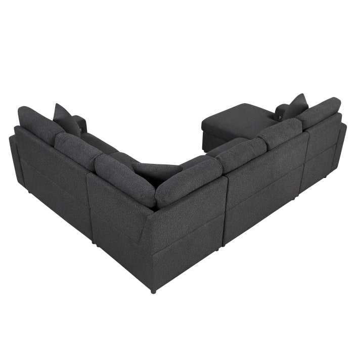 Pompano Sectional with Left Chaise, Pull-out Bed, Hidden Storages and Shelves, Charging Ports (9630BK*4LC2R)