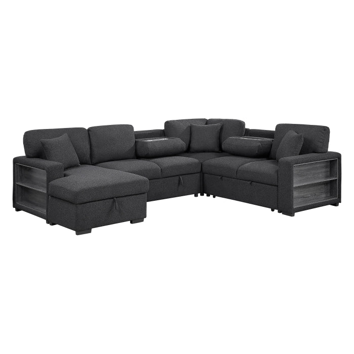 Pompano Sectional with Left Chaise, Pull-out Bed, Hidden Storages and Shelves, Charging Ports (9630BK*4LC2R)