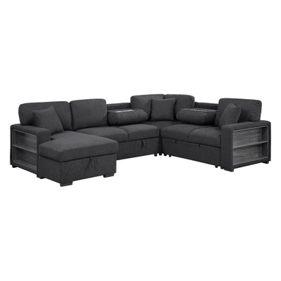 Pompano Sectional with Left Chaise, Pull-out Bed, Hidden Storages and Shelves, Charging Ports (9630BK*4LC2R)
