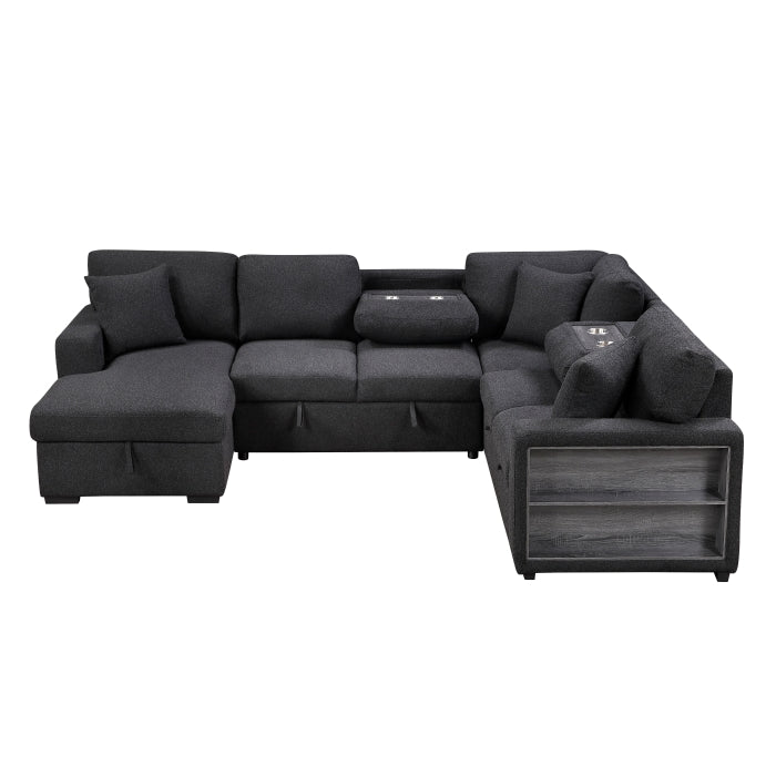 Pompano Sectional with Left Chaise, Pull-out Bed, Hidden Storages and Shelves, Charging Ports (9630BK*4LC2R)