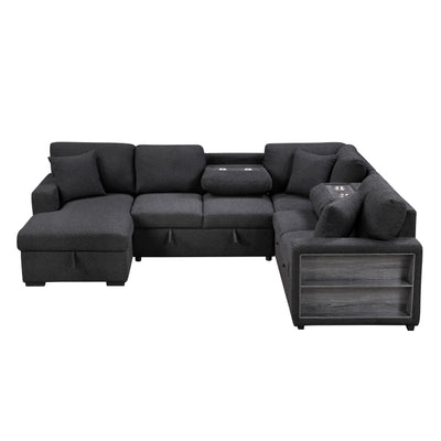 Pompano Sectional with Left Chaise, Pull-out Bed, Hidden Storages and Shelves, Charging Ports (9630BK*4LC2R)