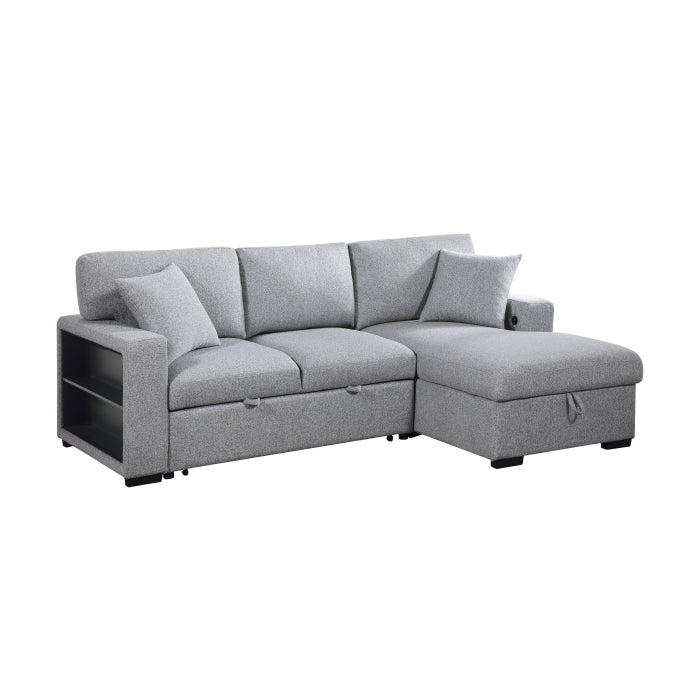 Pompano Sectional with Right Chaise, Pull-out Bed, Hidden Storage and Shelves, Charging Ports (9630GY*22LRC)
