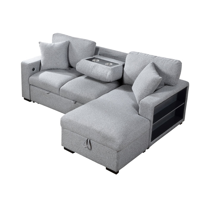 Pompano Sectional with Right Chaise, Pull-out Bed, Hidden Storage and Shelves, Charging Ports (9630GY*22LRC)
