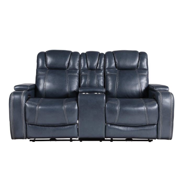 Keziah Power Double Reclining Love Seat with Center Console, Power Headrests and Storage Arms