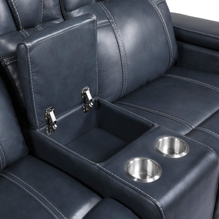 Keziah Power Double Reclining Love Seat with Center Console, Power Headrests and Storage Arms