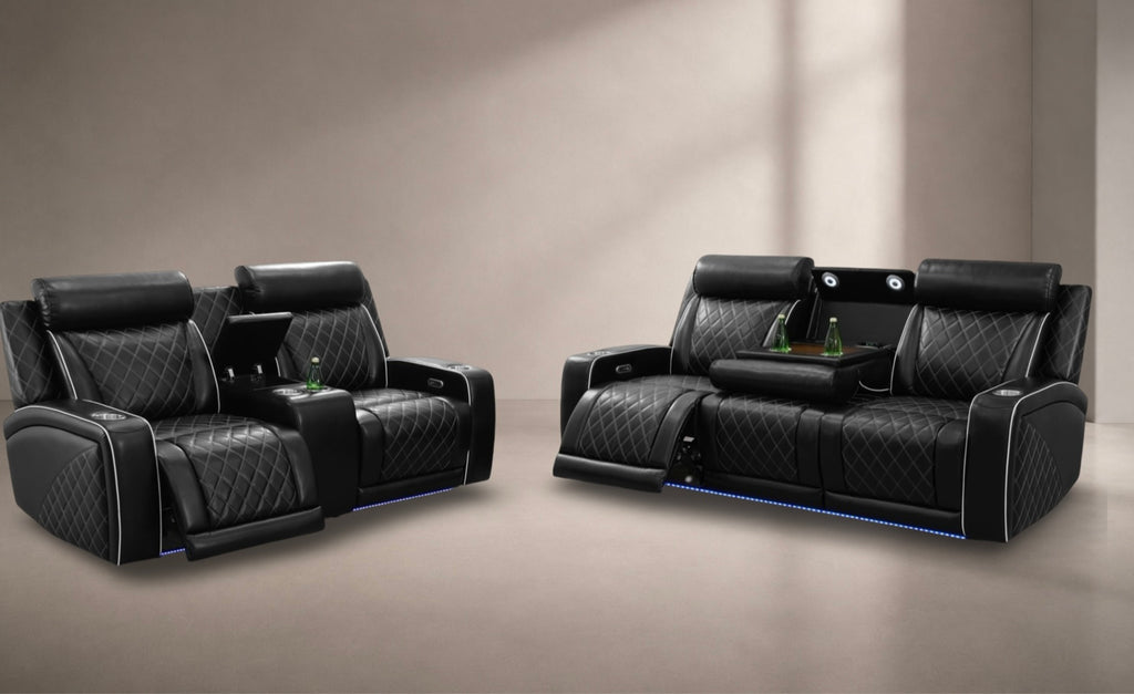 Balck Herringbone Reclining loveseat ,Sofa w/ LED