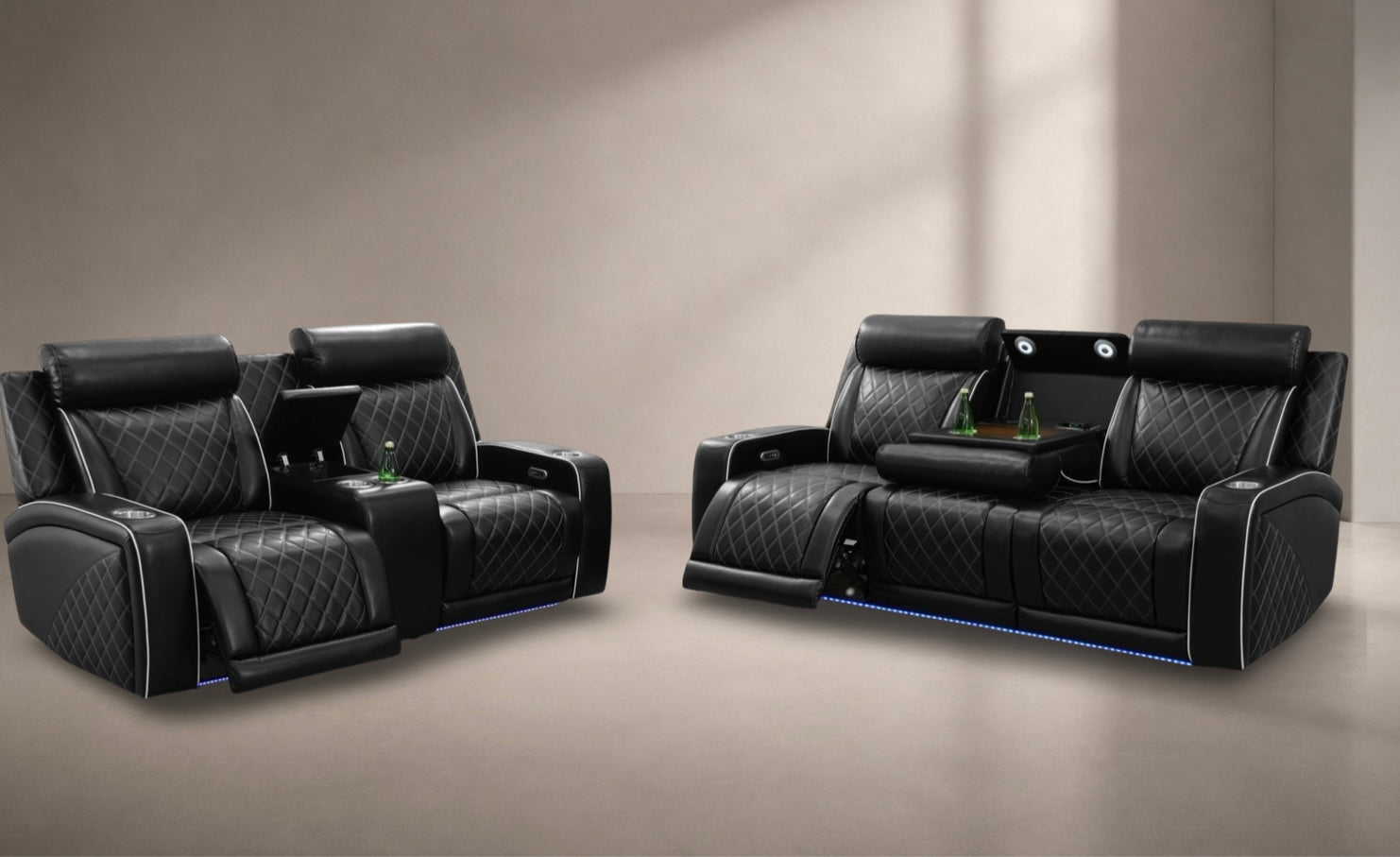 Balck Herringbone Reclining loveseat ,Sofa w/ LED