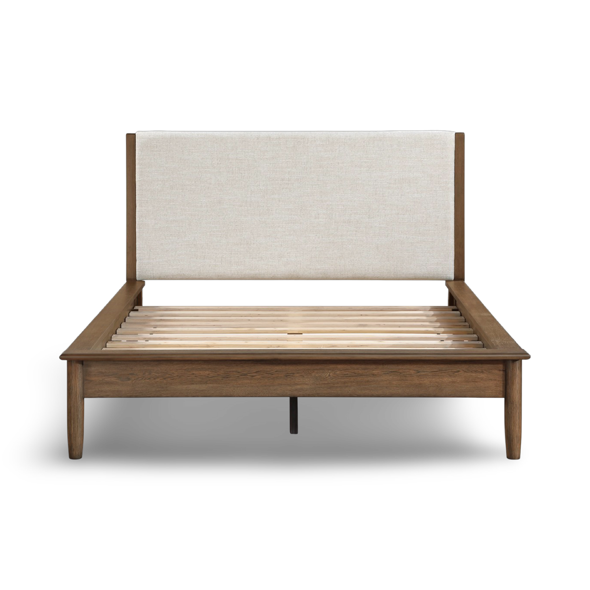 Mid-century modern wooden bed with upholstered headboard in walnut finish