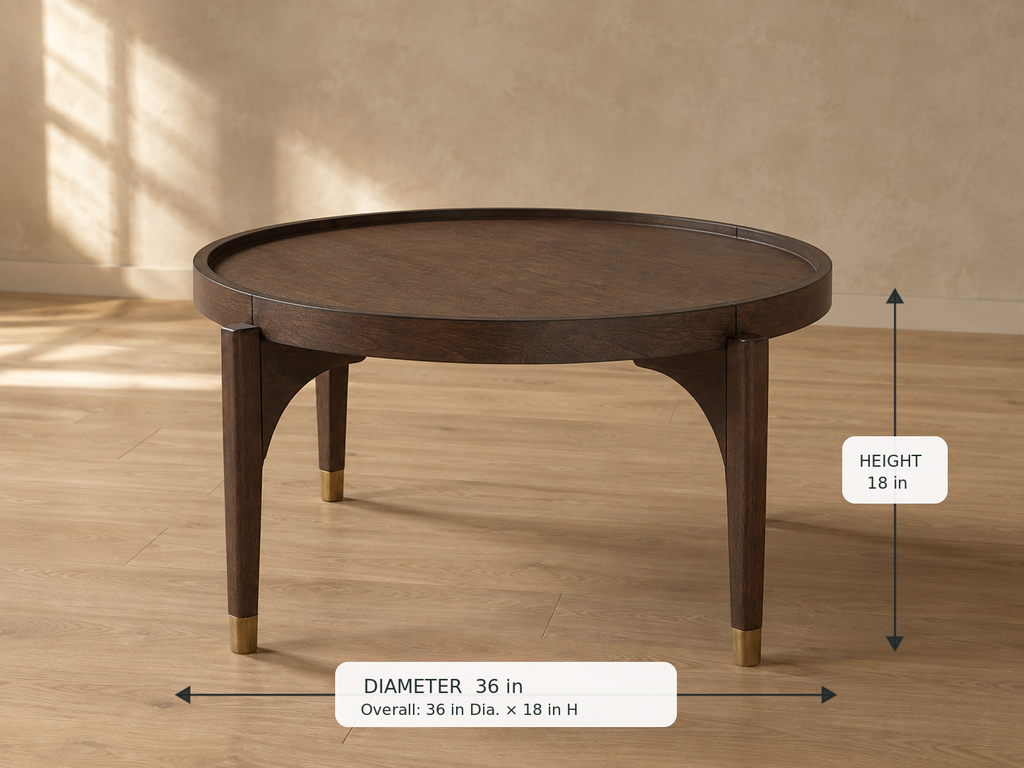 Anton Coffee Table — 45-degree view with dimensions: 36 in diameter × 18 in height