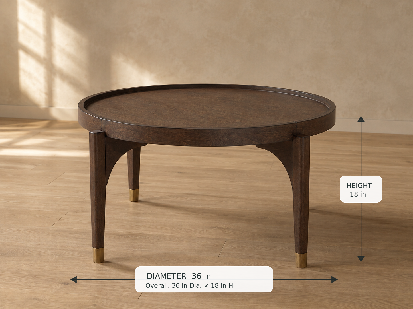 Anton Coffee Table — 45-degree view with dimensions: 36 in diameter × 18 in height