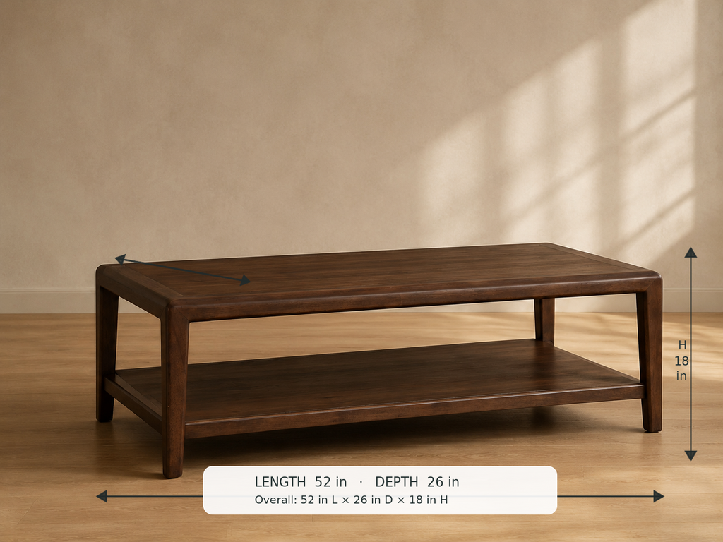 Bancroft Coffee Table — 45-degree view with dimensions: 52 in L × 26 in D × 18 in H