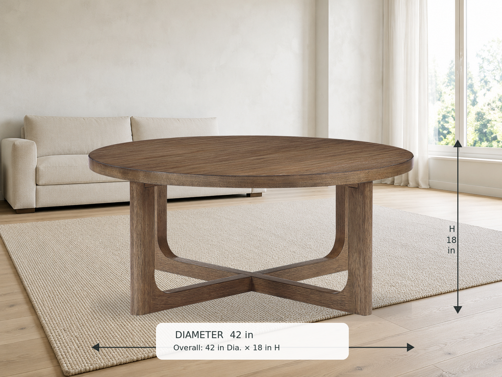 Blake Round Coffee Table — original manufacturer color, rug and sofa setting with dimensions