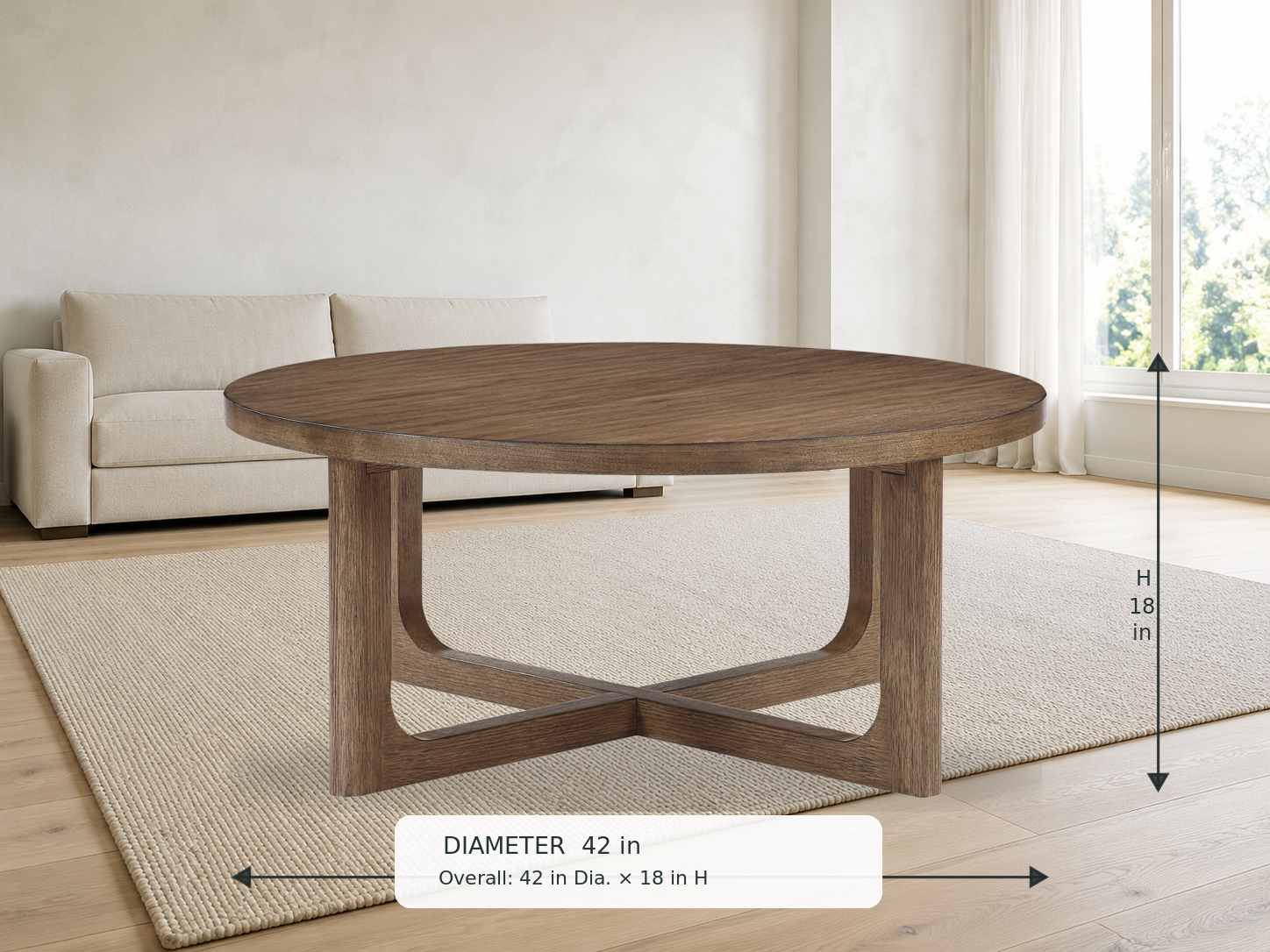 Blake Round Coffee Table — original manufacturer color, rug and sofa setting with dimensions