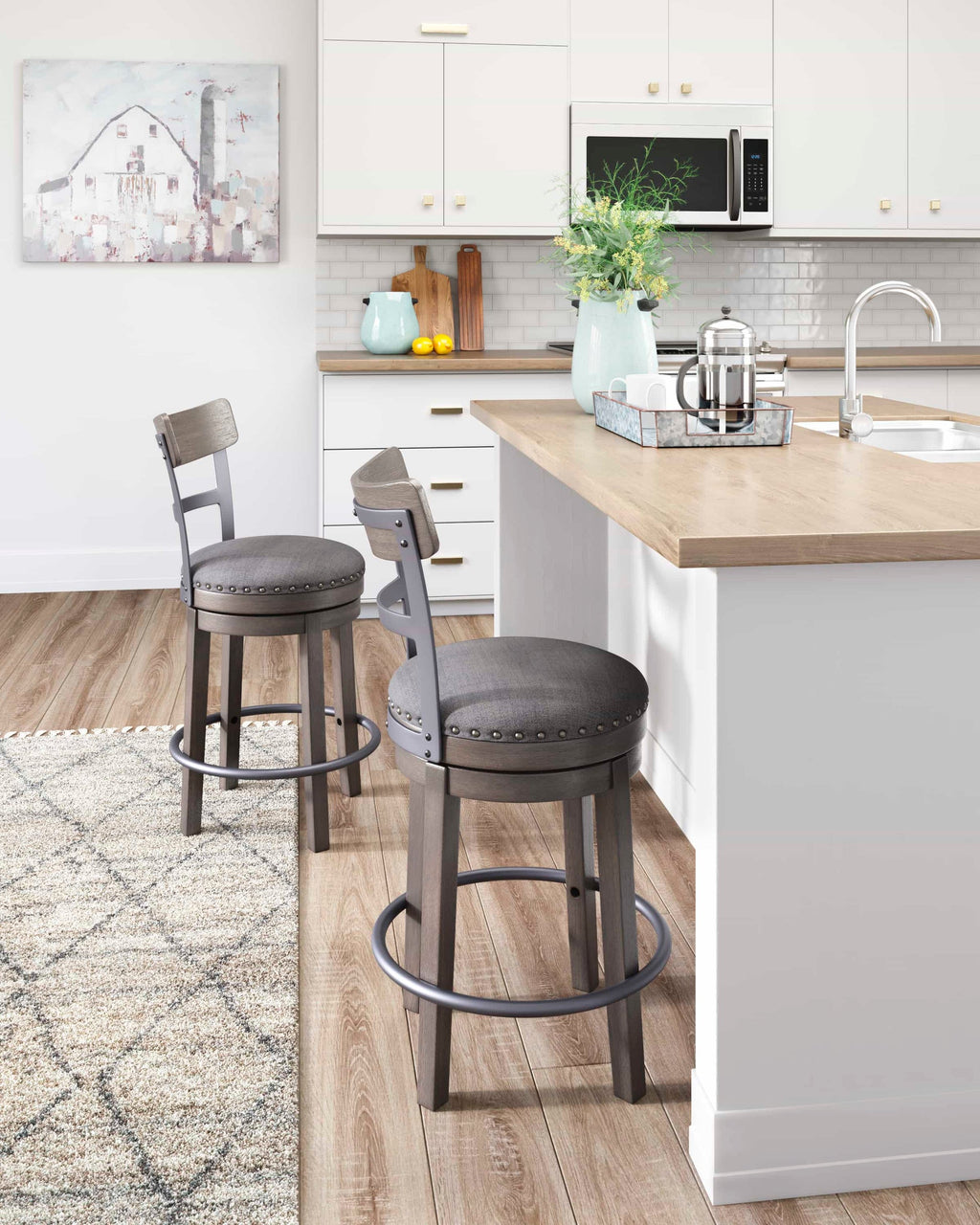Caitbrook Counter Height Swivel Stool in Gray - room scene