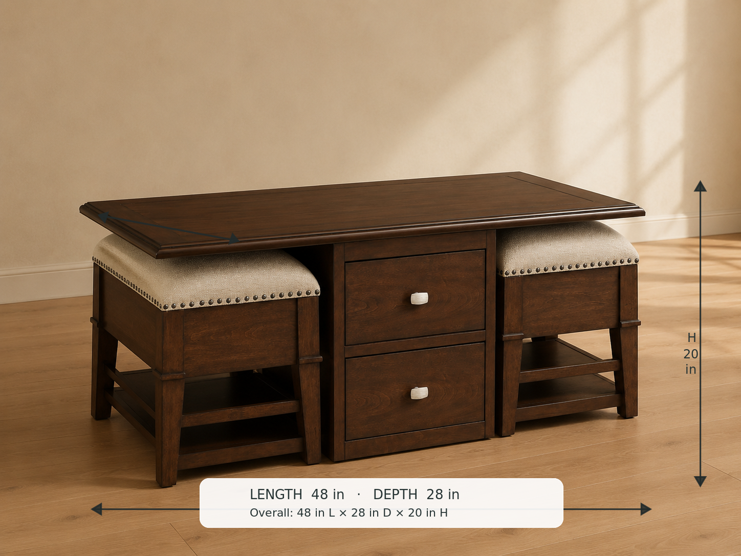Claremore Coffee Table — 45-degree view with dimensions: 48 in L × 28 in D × 20 in H