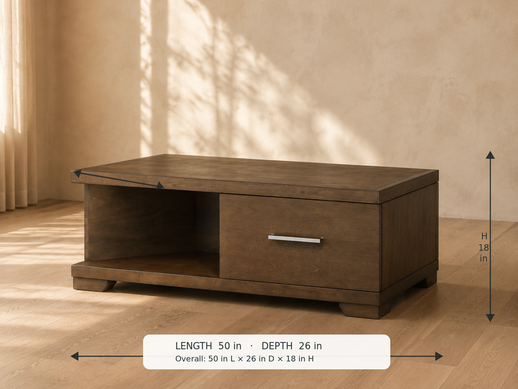 Duncan Coffee Table — 45-degree view with dimensions: 50 in L × 26 in D × 18 in H
