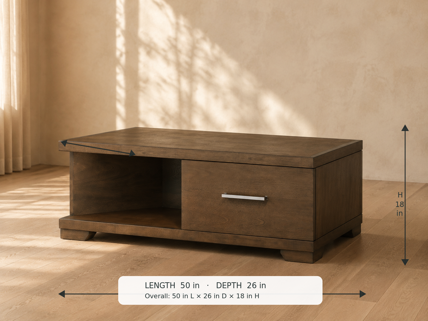 Duncan Coffee Table — 45-degree view with dimensions: 50 in L × 26 in D × 18 in H