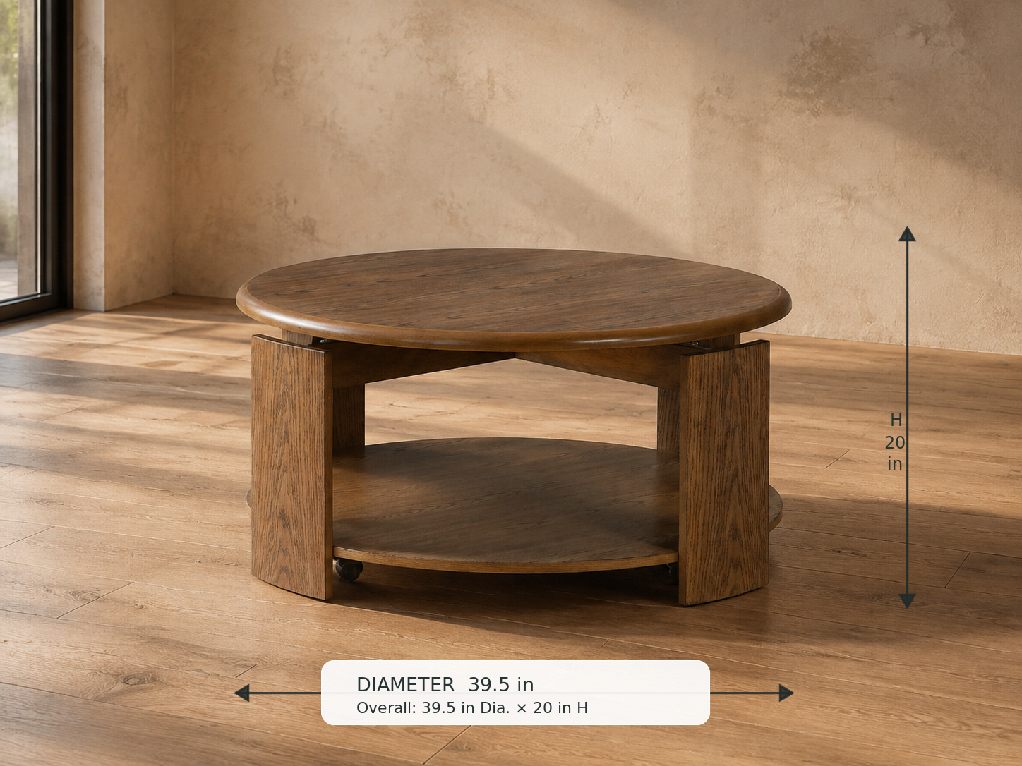 Ellis Coffee Table — 45-degree view with dimensions: 39.5 in diameter × 20 in height