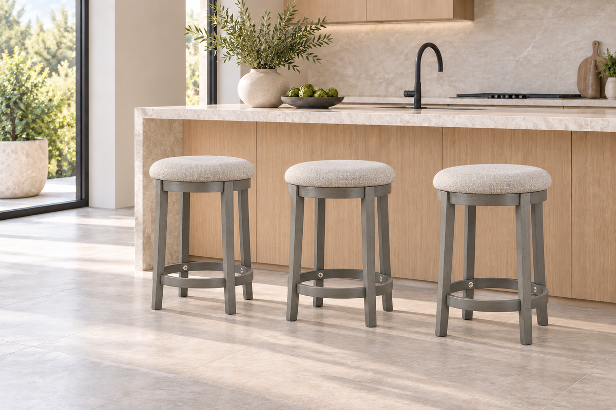 Auburndale 5685-24 light-gray counter-height stools arranged neatly in an AI-created modern kitchen scene