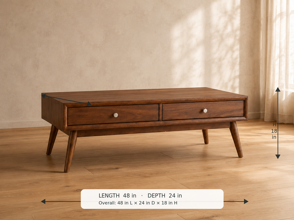 Frolic Coffee Table — 45-degree view with dimensions: 48 in L × 24 in D × 18 in H