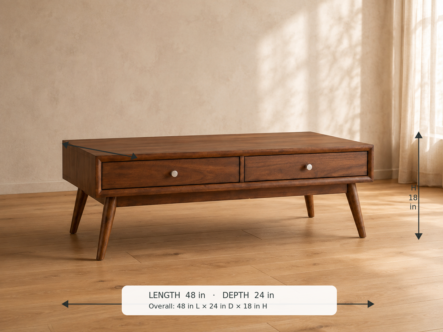 Frolic Coffee Table — 45-degree view with dimensions: 48 in L × 24 in D × 18 in H