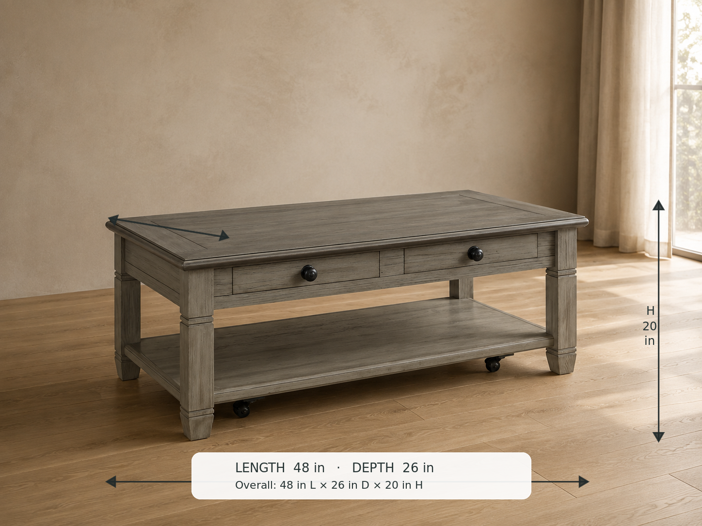 Granby Gray Coffee Table — 45-degree view with dimensions: 48 in L × 26 in D × 20 in H