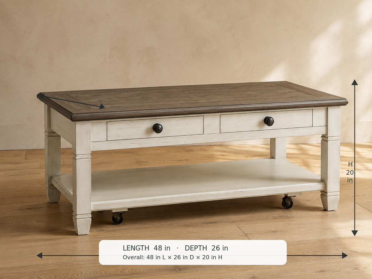 Granby White Coffee Table — 45-degree view with dimensions: 48 in L × 26 in D × 20 in H