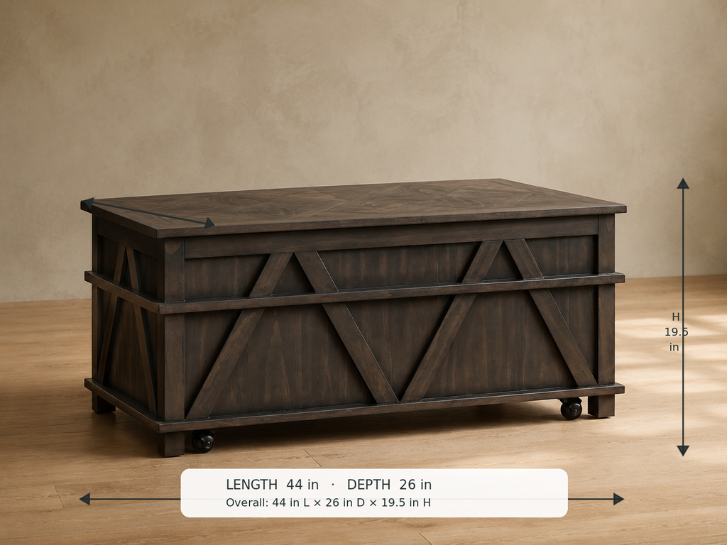 Lakeside Coffee Table — 45-degree view with dimensions: 44 in L × 26 in D × 19.5 in H