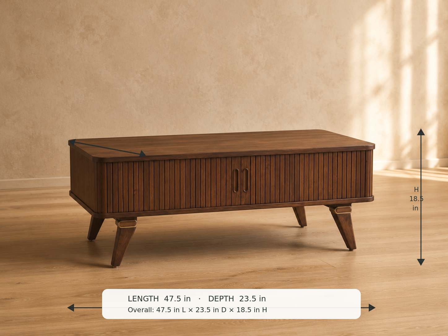 Monroe Coffee Table — 45-degree view with dimensions: 47.5 in L × 23.5 in D × 18.5 in H